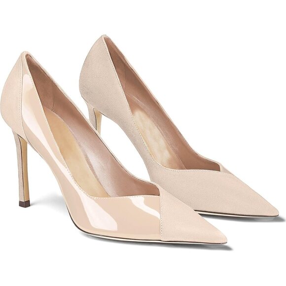 Women's Nude Pointed Toe Pumps Patent Suede Heel Stiletto Slip On High Heels - Picture 1 of 4